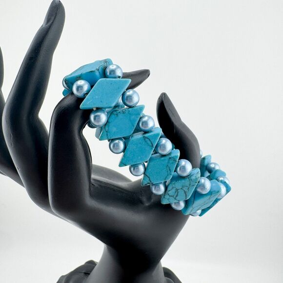 Turquoise Howlite Faux Pearl Beaded Stretch Bracelet Chunky Boho Southwestern - Picture 1 of 7